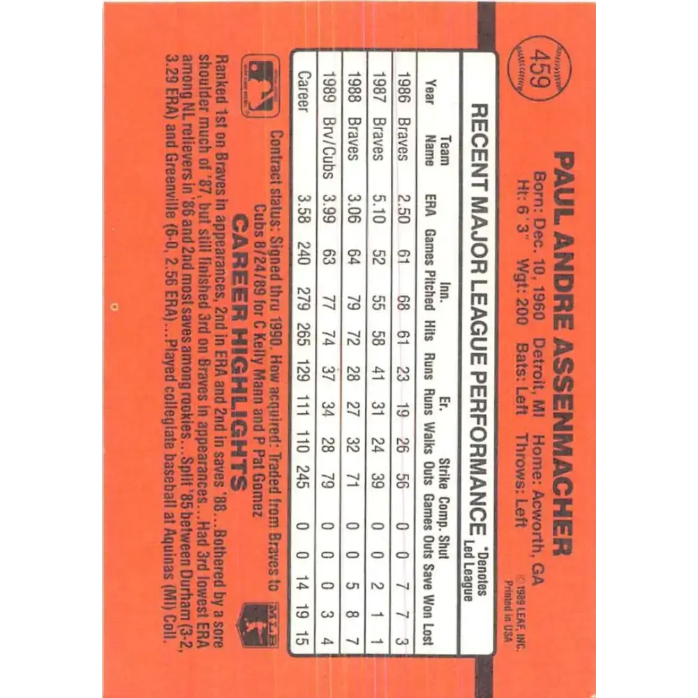 1990 Donruss #459 Paul Assenmacher VG-EX Chicago Cubs Baseball Card - Baseball Card Single