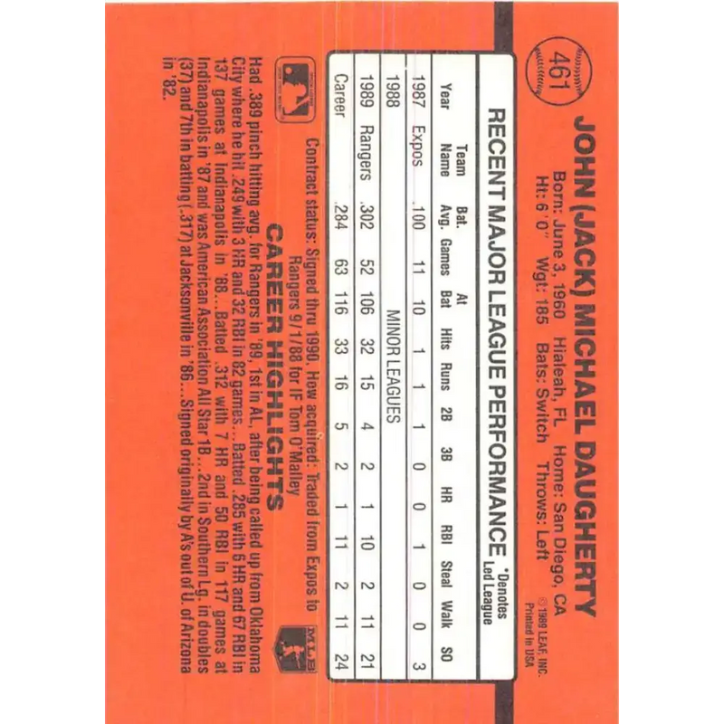 1990 Donruss #461 Jack Daugherty VG-EX RC Rookie Texas Rangers Baseball Card - Baseball Card Single