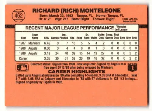 Baseball card back with original gloss for 1990 Donruss Rich Monteleone California Angels