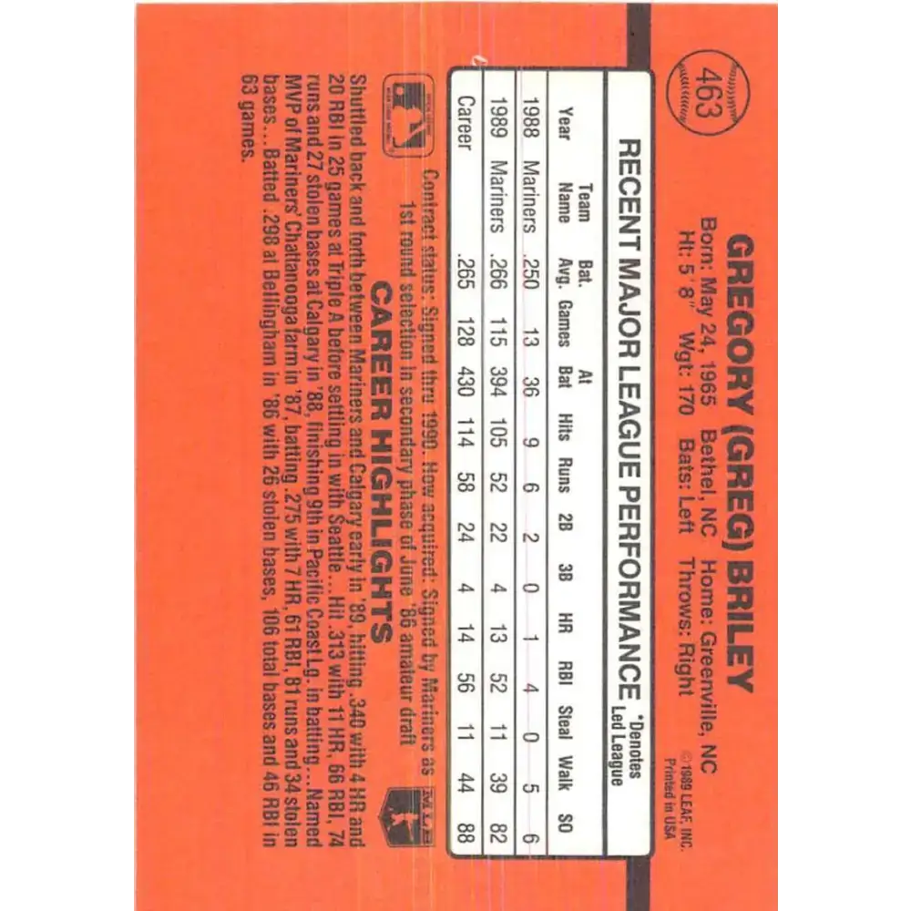 1990 Donruss #463 Greg Briley VG-EX Seattle Mariners Baseball Card - Baseball Card Single