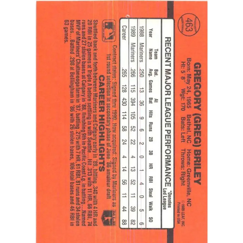 1990 Donruss #463 Greg Briley VG-EX Seattle Mariners Baseball Card - Baseball Card Single