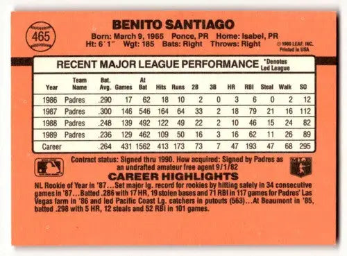 1990 Donruss #465 Benito Santiago San Diego Padres Baseball Cards EX ID:56179 - Baseball Card Single