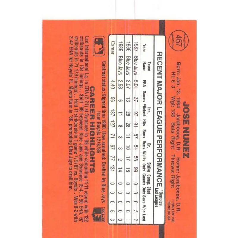 1990 Donruss #467 Jose Nunez VG-EX Toronto Blue Jays Baseball Card - Baseball Card Single