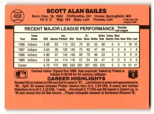 Back of 1990 Donruss Scott Bailes Cleveland Indians baseball card showing stats and info