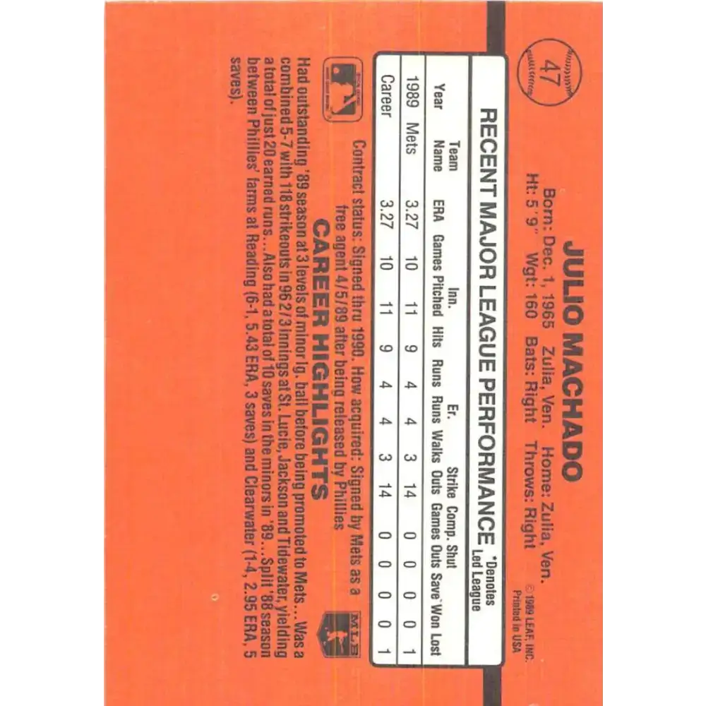 1990 Donruss #47 Julio Machado VG-EX RC Rookie New York Mets Baseball Card - Baseball Card Single