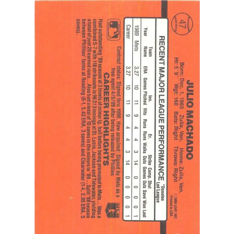 1990 Donruss #47 Julio Machado VG-EX RC Rookie New York Mets Baseball Card - Baseball Card Single