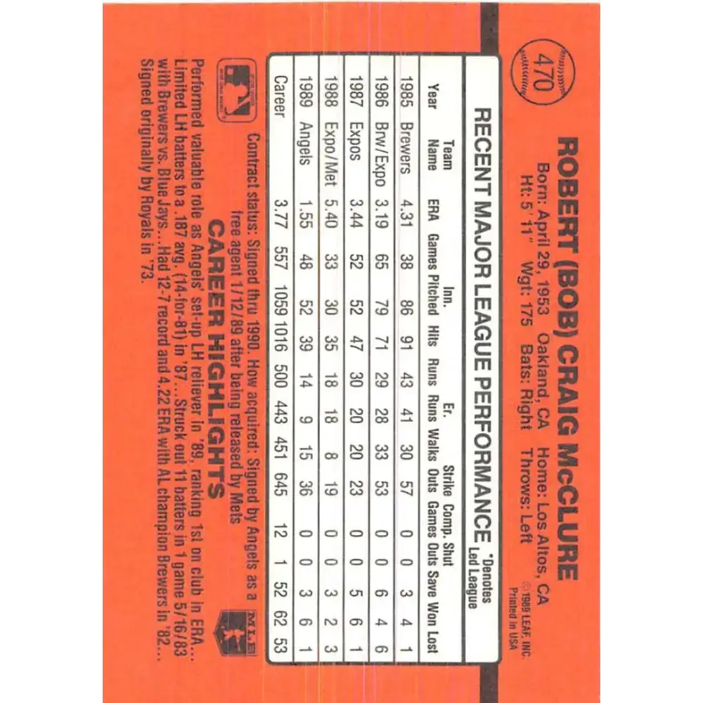 1990 Donruss #470 Bob McClure VG-EX California Angels Baseball Card - Baseball Card Single