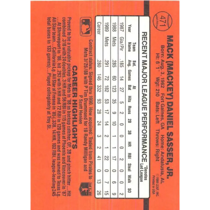 1990 Donruss #471 Mackey Sasser VG-EX New York Mets Baseball Card - Baseball Card Single
