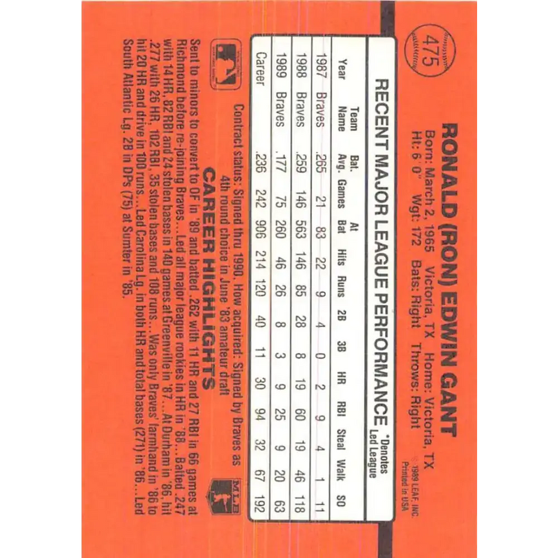 1990 Donruss #475 Ron Gant VG-EX Atlanta Braves Baseball Card - Baseball Card Single