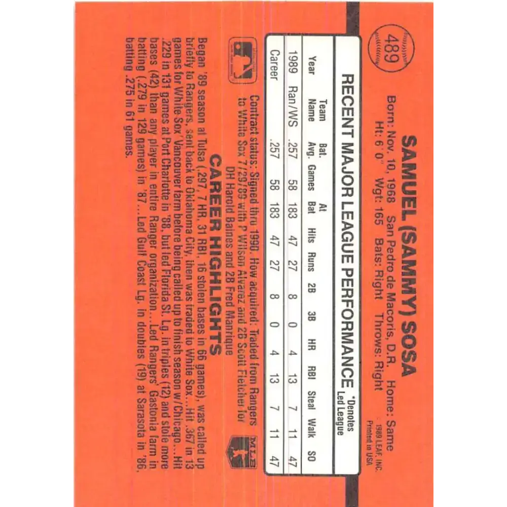 1990 Donruss #489 Sammy Sosa VG-EX RC Rookie Chicago White Sox Baseball Card - Baseball Card Single
