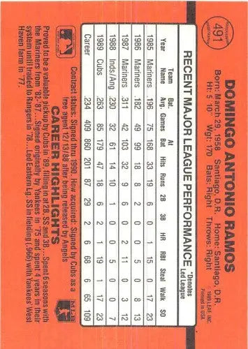 Back of 1990 Donruss Domingo Ramos baseball card showcasing original gloss and sports cards quality
