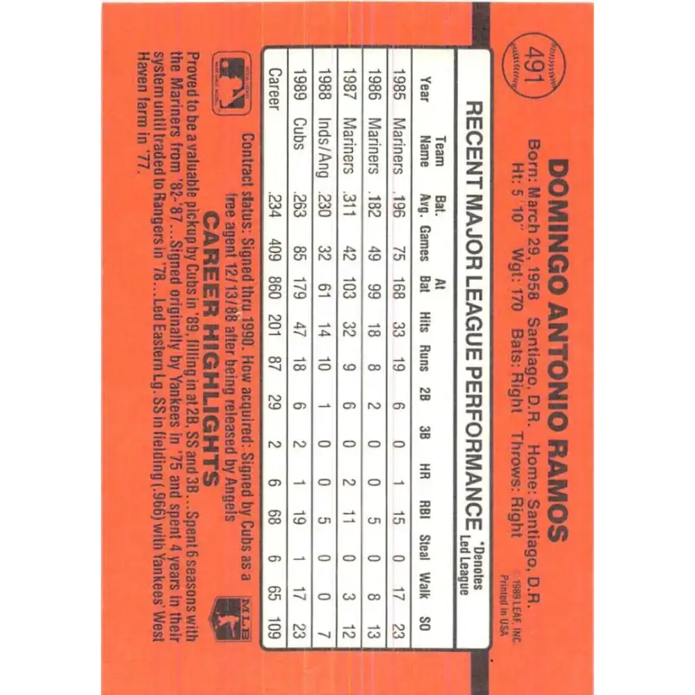1990 Donruss #491 Domingo Ramos VG-EX Chicago Cubs Baseball Card - Baseball Card Single
