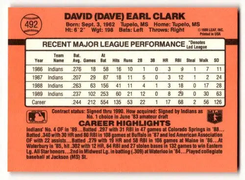 David Earl Clark Cleveland baseball card from 1990 Donruss series with original gloss