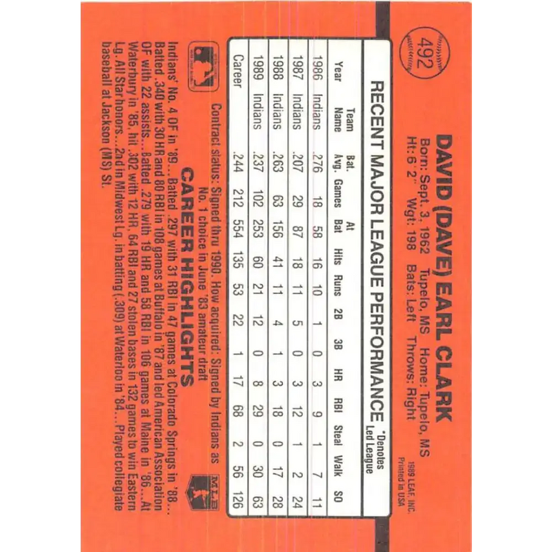 1990 Donruss #492 Dave Clark VG-EX Cleveland Indians Baseball Card - Baseball Card Single
