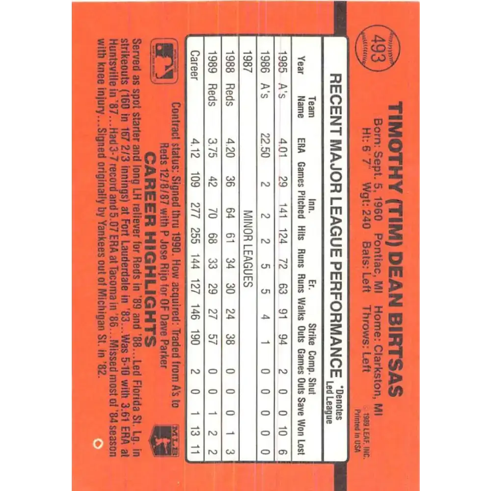1990 Donruss #493 Tim Birtsas VG-EX Cincinnati Reds Baseball Card - Baseball Card Single