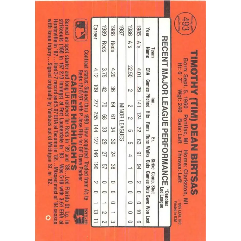 1990 Donruss #493 Tim Birtsas VG-EX Cincinnati Reds Baseball Card - Baseball Card Single