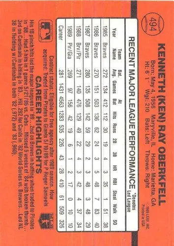 Baseball card back from 1990 Donruss #494 Ken Oberkfell NM Near Mint showcasing original gloss
