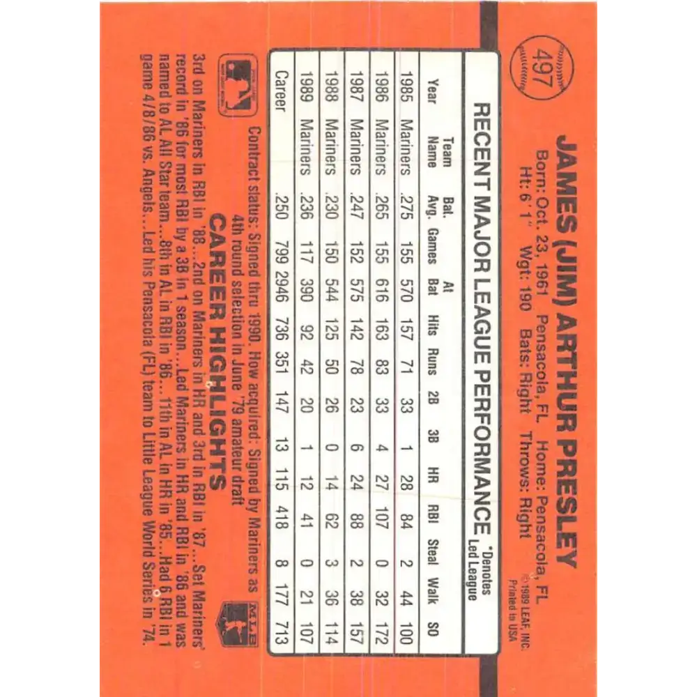 1990 Donruss #497 Jim Presley VG-EX Seattle Mariners Baseball Card - Baseball Card Single