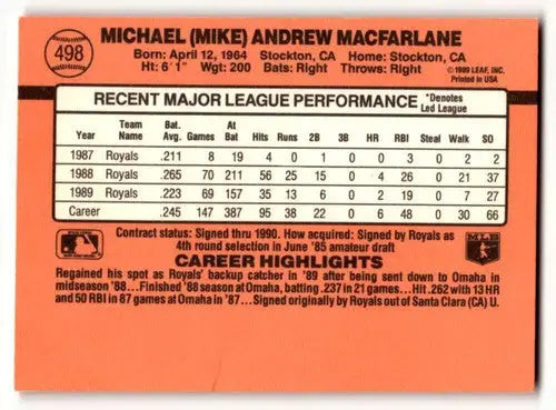 1990 Donruss #498 Mike Macfarlane Kansas City Royals Baseball Cards ID:57605 - Baseball Card Single