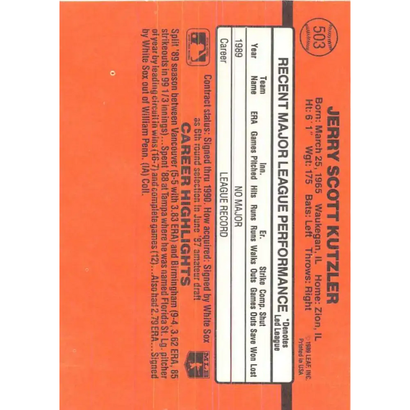 1990 Donruss #503 Jerry Kutzler VG-EX RC Rookie Chicago White Sox Baseball Card - Baseball Card Single