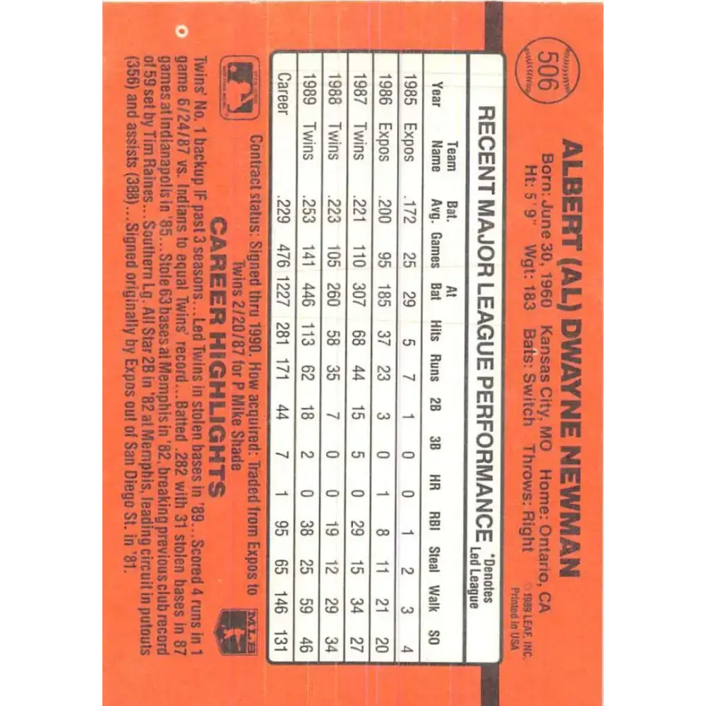 1990 Donruss #506 Al Newman VG-EX Minnesota Twins Baseball Card - Baseball Card Single