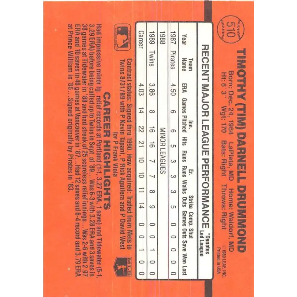 1990 Donruss #510 Tim Drummond VG-EX RC Rookie Minnesota Twins Baseball Card - Baseball Card Single