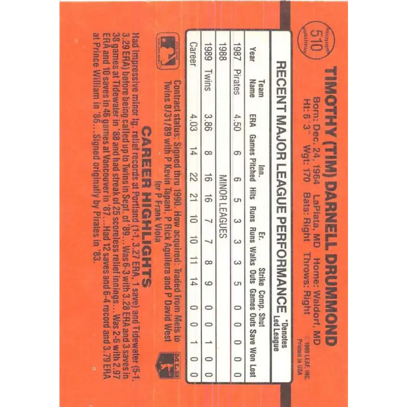 1990 Donruss #510 Tim Drummond VG-EX RC Rookie Minnesota Twins Baseball Card - Baseball Card Single