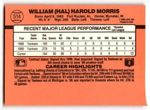 1990 Donruss #514 Hal Morris New York Yankees Baseball Cards ID:52767 - Baseball Card Single