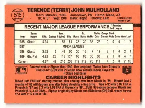 Original gloss of Terry Mulholland Philadelphia Phillies baseball card from 1990 Donruss