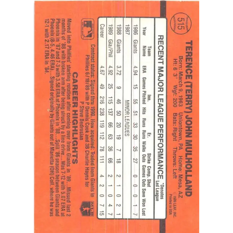 1990 Donruss #515 Terry Mulholland VG-EX Philadelphia Phillies Baseball Card - Baseball Card Single
