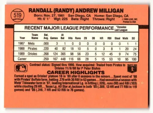 Baseball card back of Randy Milligan Baltimore Orioles 1990 Donruss #519