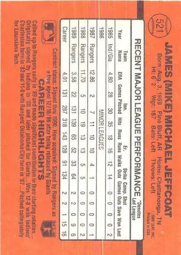 1990 Donruss #521 Mike Jeffcoat NM Near Mint Rangers - Baseball Card Single
