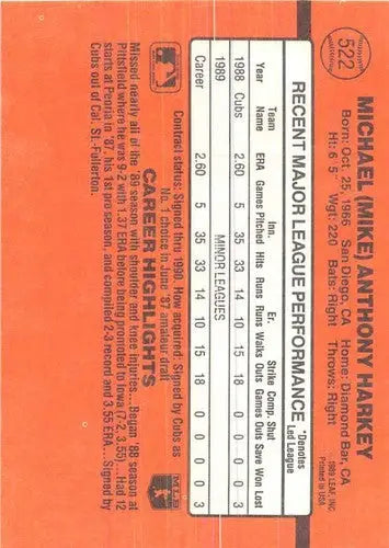 1990 Donruss #522 Mike Harkey NM-MT Cubs - Baseball Card Single