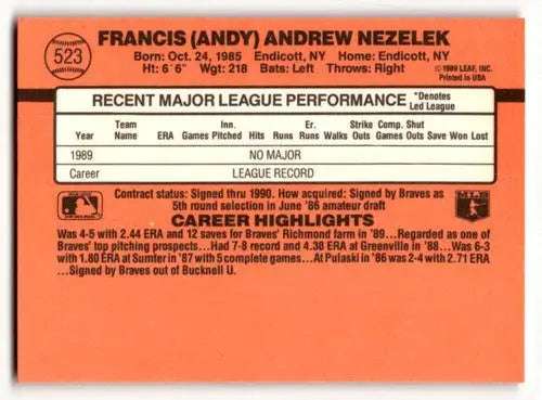 1990 Donruss #523 Andy Nezelek Atlanta Braves Baseball Cards ID:52772 - Baseball Card Single