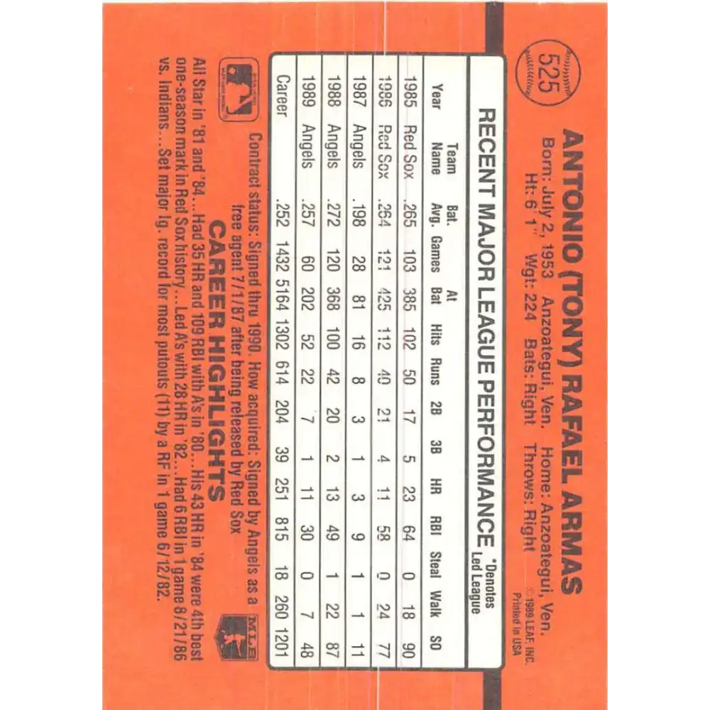 1990 Donruss #525 Tony Armas VG-EX California Angels Baseball Card - Baseball Card Single