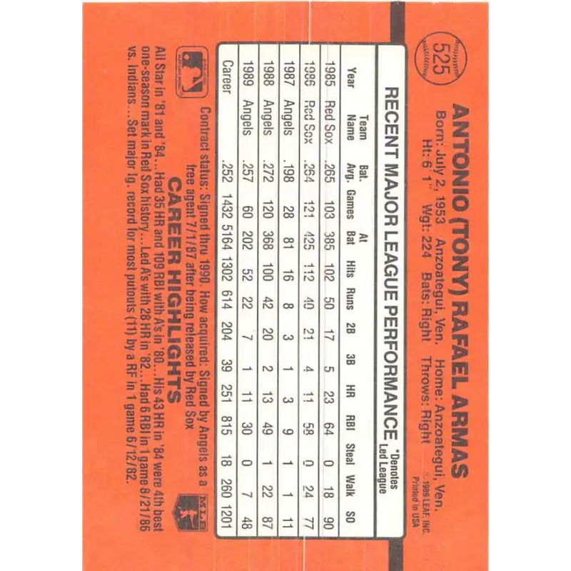 1990 Donruss #525 Tony Armas VG-EX California Angels Baseball Card - Baseball Card Single