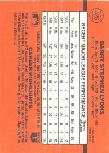 1990 Donruss #526 Barry Lyons NM Near Mint Mets - Baseball Card Single