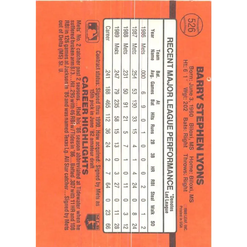 1990 Donruss #526 Barry Lyons VG-EX New York Mets Baseball Card - Baseball Card Single