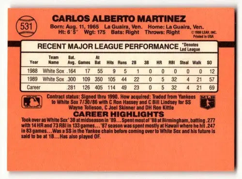 Original gloss Chicago White Sox Carlos Martinez baseball card from 1990 Donruss series