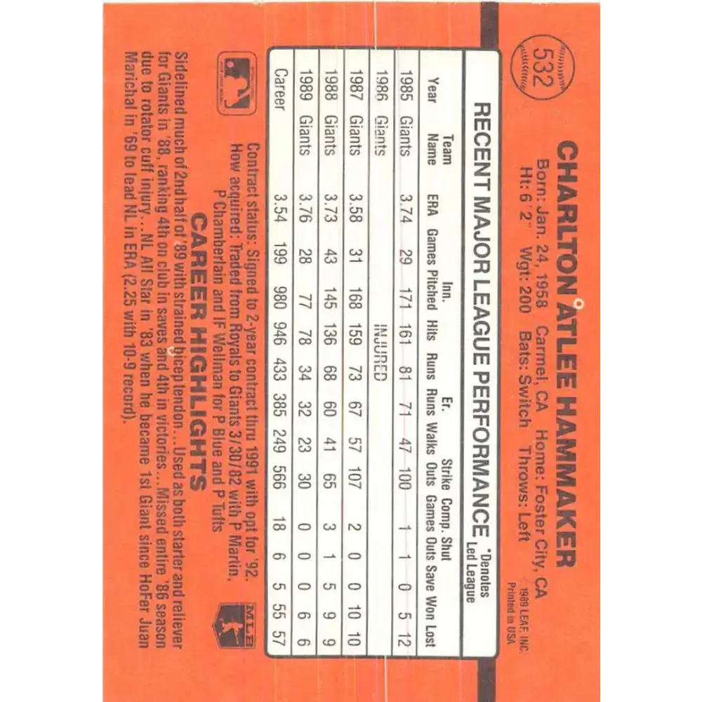 1990 Donruss #532 Atlee Hammaker VG-EX San Francisco Giants Baseball Card - Baseball Card Single