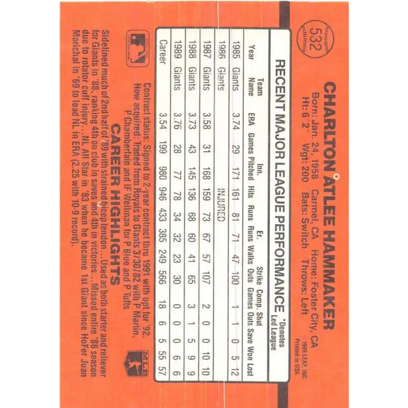 1990 Donruss #532 Atlee Hammaker VG-EX San Francisco Giants Baseball Card - Baseball Card Single