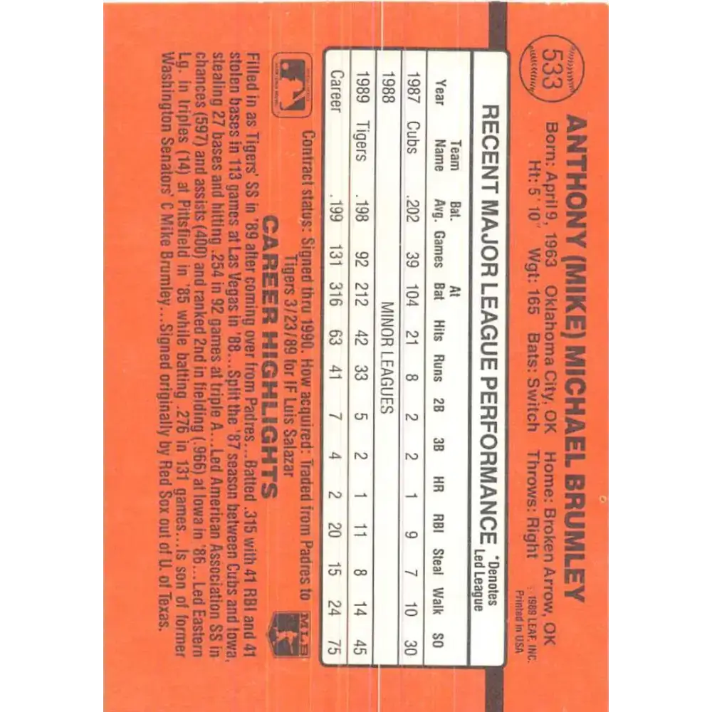 1990 Donruss #533 Mike Brumley VG-EX Detroit Tigers Baseball Card - Baseball Card Single