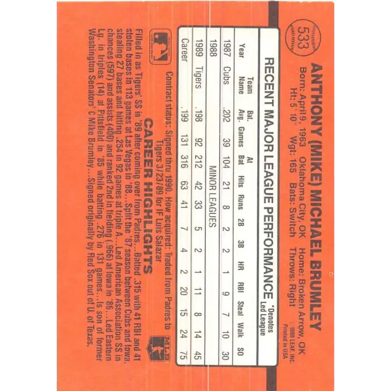 1990 Donruss #533 Mike Brumley VG-EX Detroit Tigers Baseball Card - Baseball Card Single