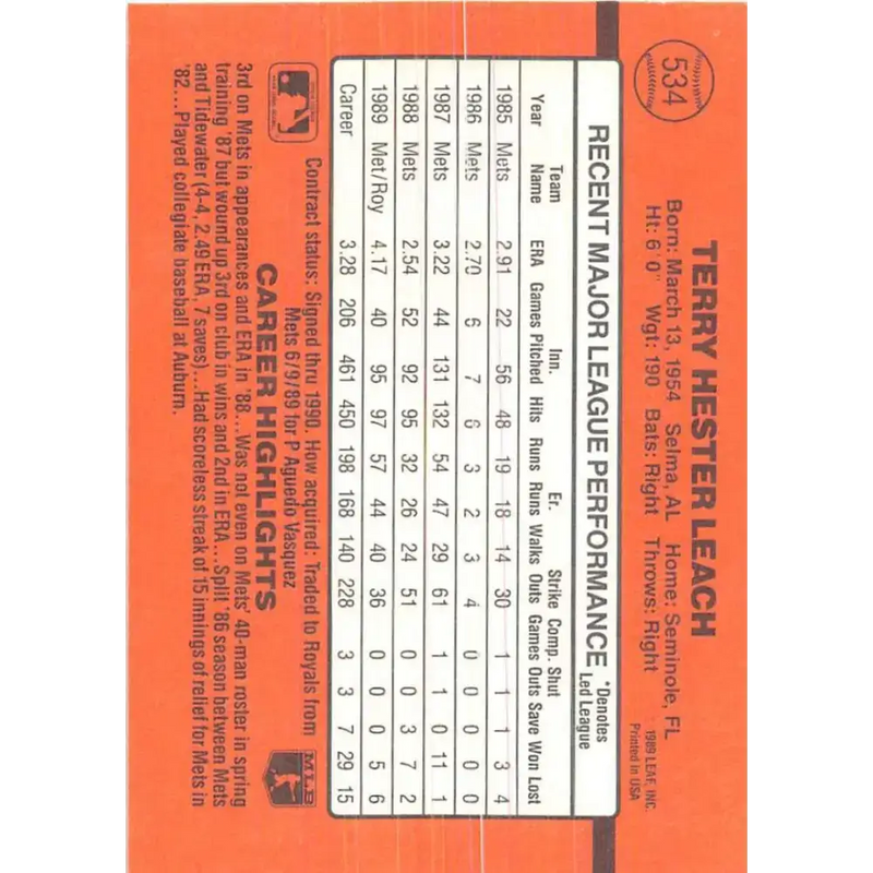 1990 Donruss #534 Terry Leach VG-EX Kansas City Royals Baseball Card - Baseball Card Single
