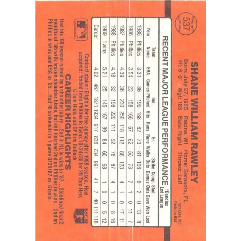 1990 Donruss #537 Shane Rawley VG-EX Minnesota Twins Baseball Card - Baseball Card Single