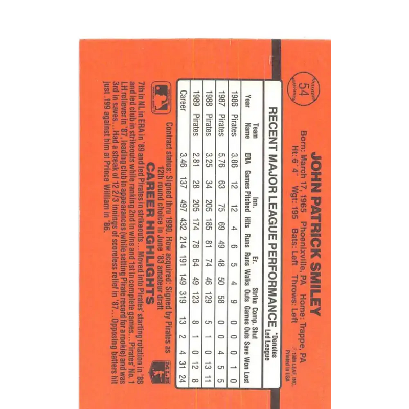 1990 Donruss #54 John Smiley VG-EX Pittsburgh Pirates Baseball Card - Baseball Card Single