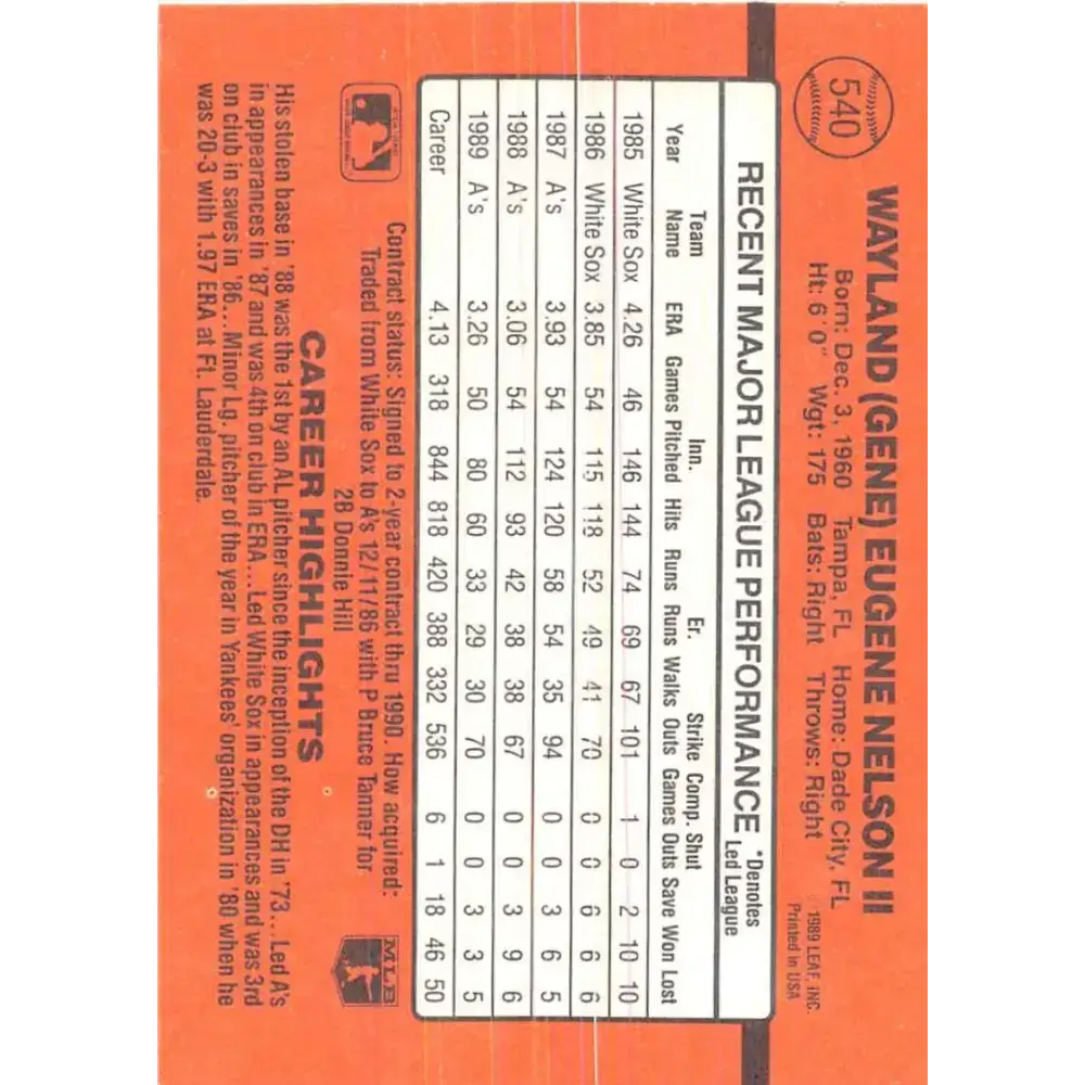 1990 Donruss #540 Gene Nelson VG-EX Oakland Athletics Baseball Card - Baseball Card Single