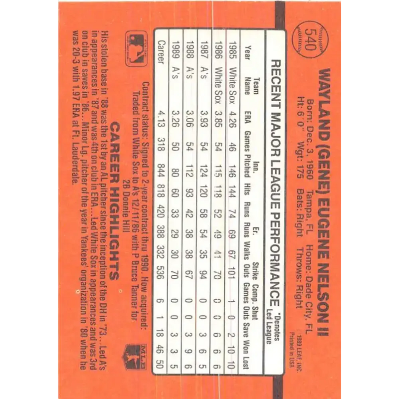 1990 Donruss #540 Gene Nelson VG-EX Oakland Athletics Baseball Card - Baseball Card Single