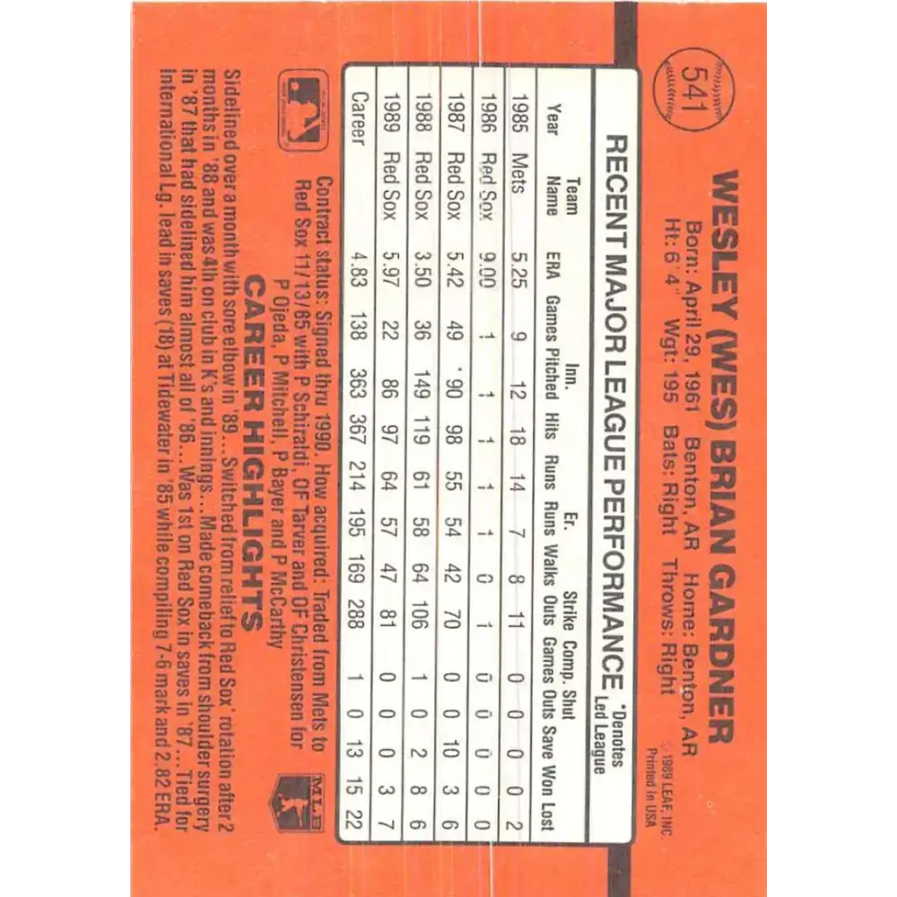 1990 Donruss #541 Wes Gardner VG-EX Boston Red Sox Baseball Card - Baseball Card Single