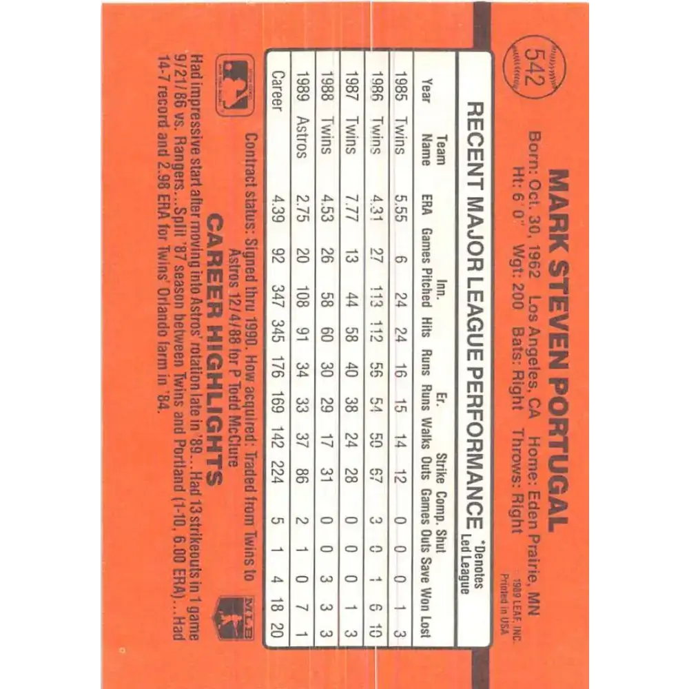 1990 Donruss #542 Mark Portugal VG-EX Houston Astros Baseball Card - Baseball Card Single
